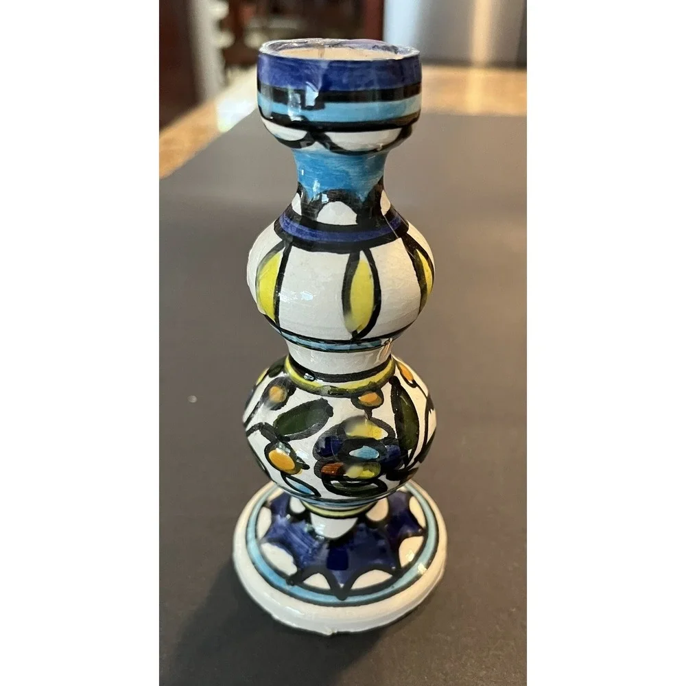 Israeli Ceramic Pottery Iznik Shabat Candlesticks‎ Hand Painted